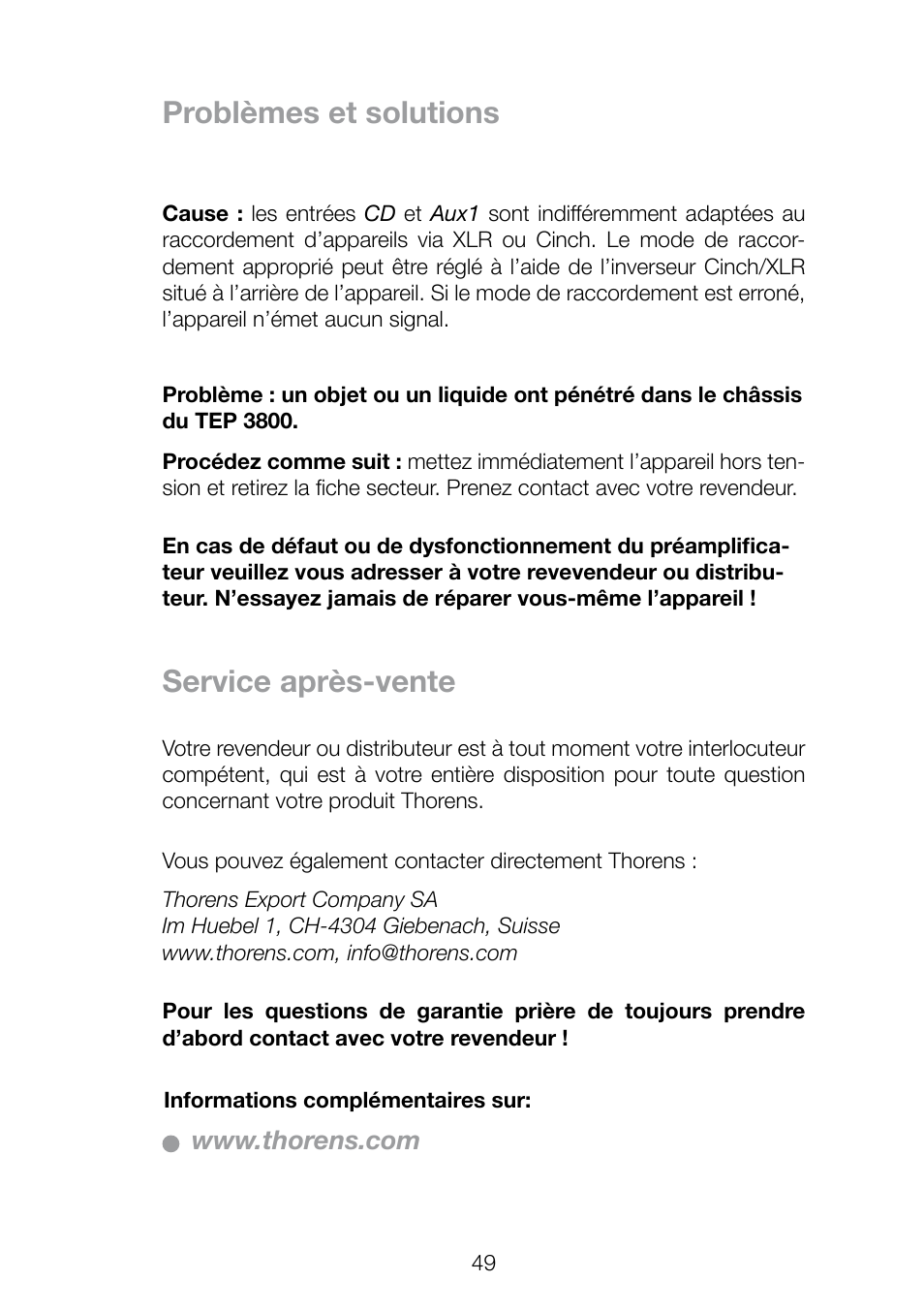 Problèmes et solutions, Service après-vente | THORENS TEP 3800 User Manual | Page 49 / 52
