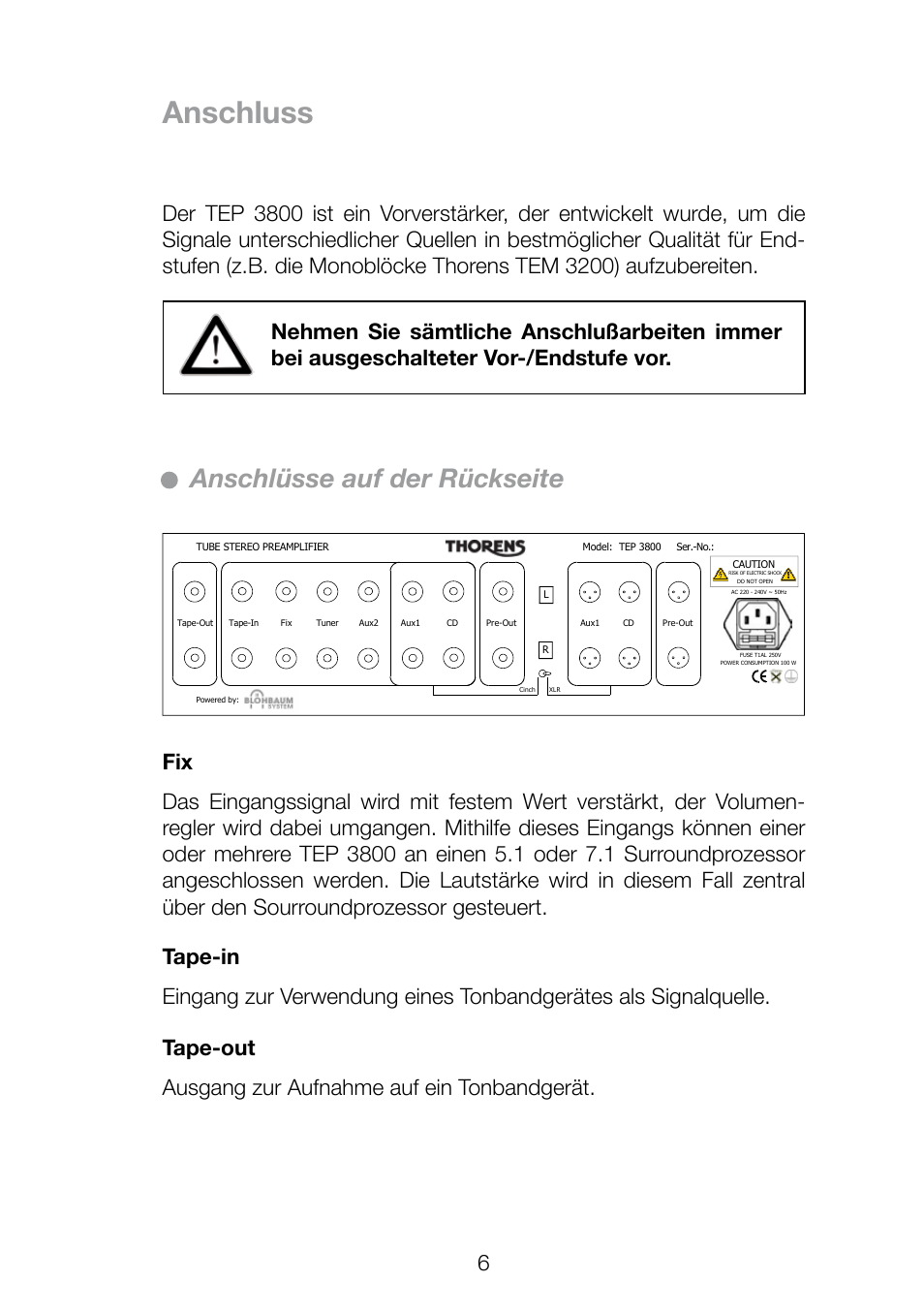 Anschluss, Anschlüsse auf der rückseite | THORENS TEP 3800 User Manual | Page 6 / 52