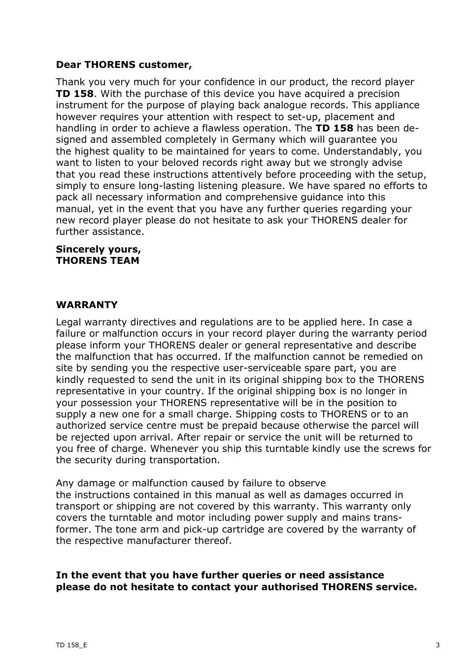 THORENS TD158 User Manual | Page 3 / 9