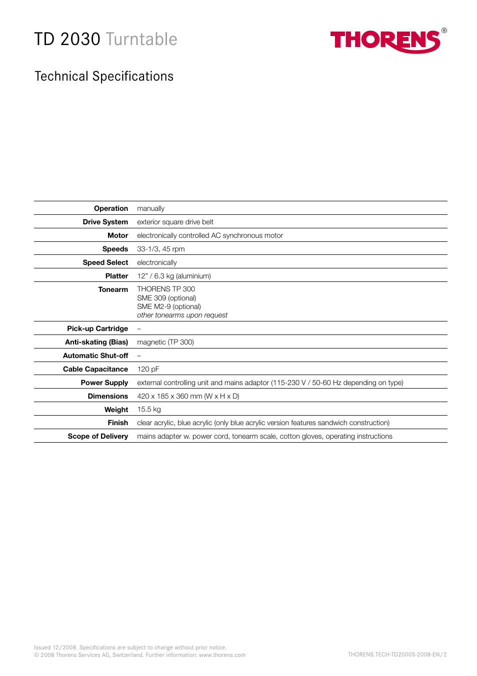 Td 2030 turntable, Technical specifications | THORENS TD 2010 User Manual | Page 2 / 2