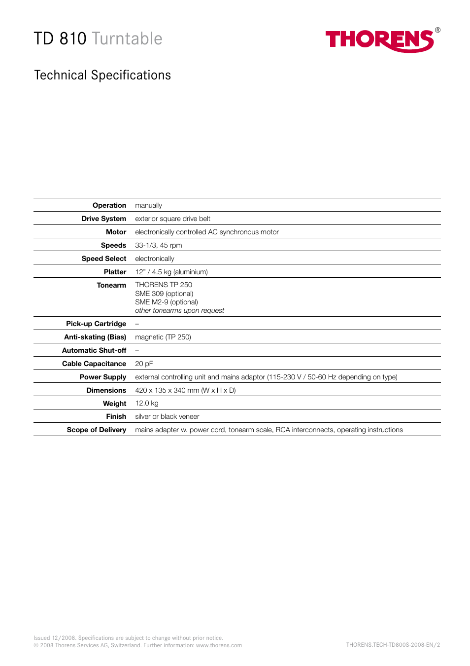 Td 810 turntable, Technical specifications | THORENS TD 850 User Manual | Page 2 / 3