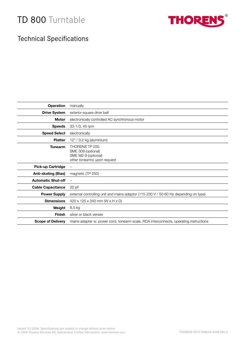 Td 800 turntable, Technical specifications | THORENS TD 850 User Manual | Page 3 / 3