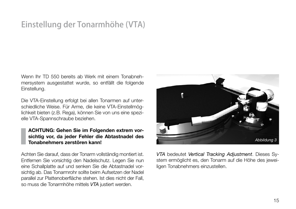 Einstellung der tonarmhöhe (vta) | THORENS TD 550 User Manual | Page 15 / 64