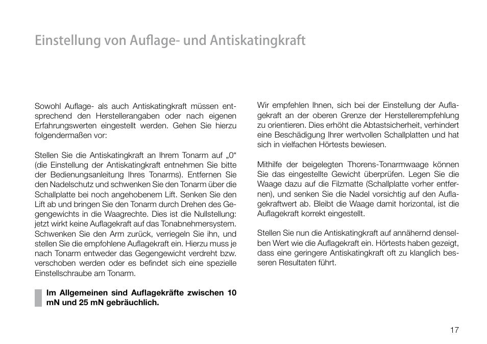 Einstellung von auflage- und antiskatingkraft | THORENS TD 550 User Manual | Page 17 / 64