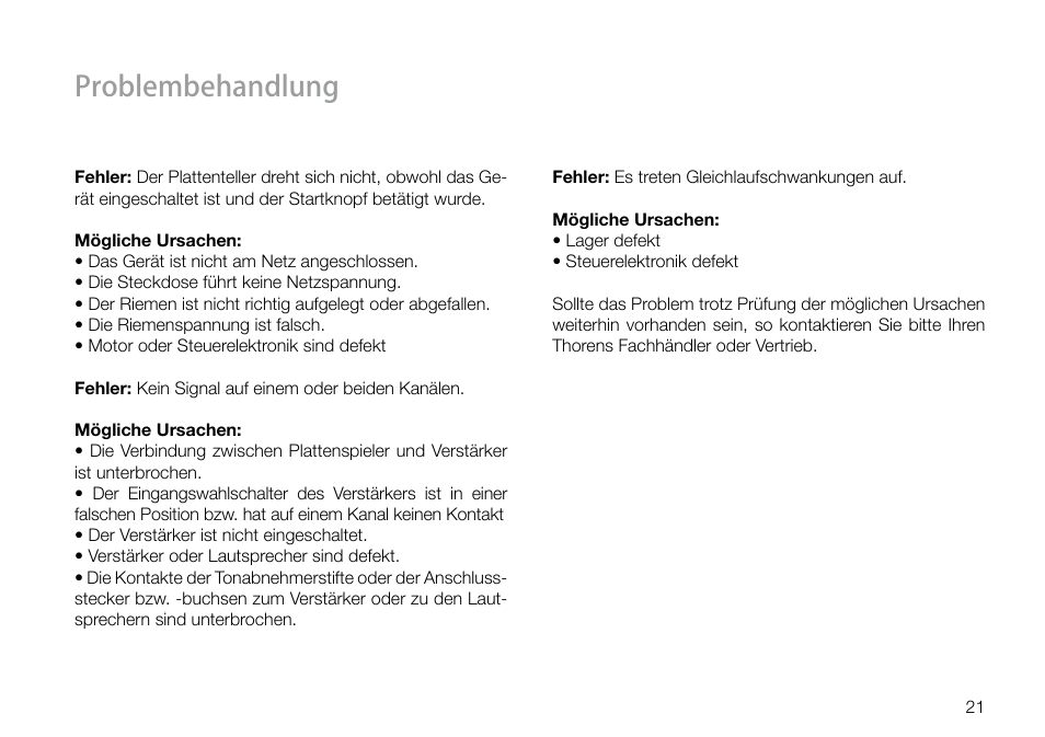 Problembehandlung | THORENS TD 550 User Manual | Page 21 / 64