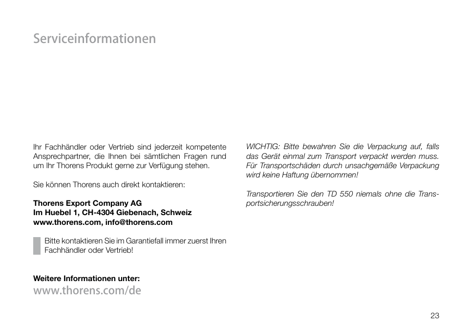 Serviceinformationen | THORENS TD 550 User Manual | Page 23 / 64