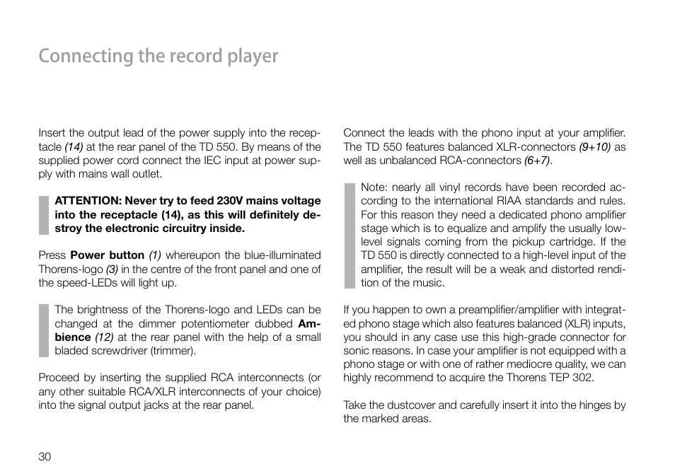 Connecting the record player | THORENS TD 550 User Manual | Page 30 / 64