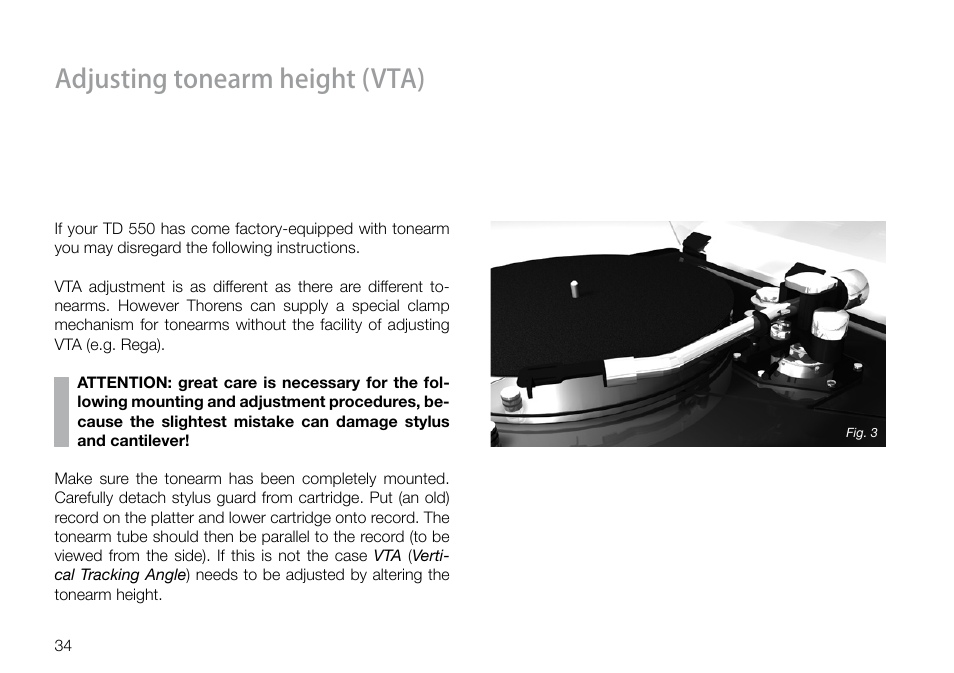Adjusting tonearm height (vta) | THORENS TD 550 User Manual | Page 34 / 64