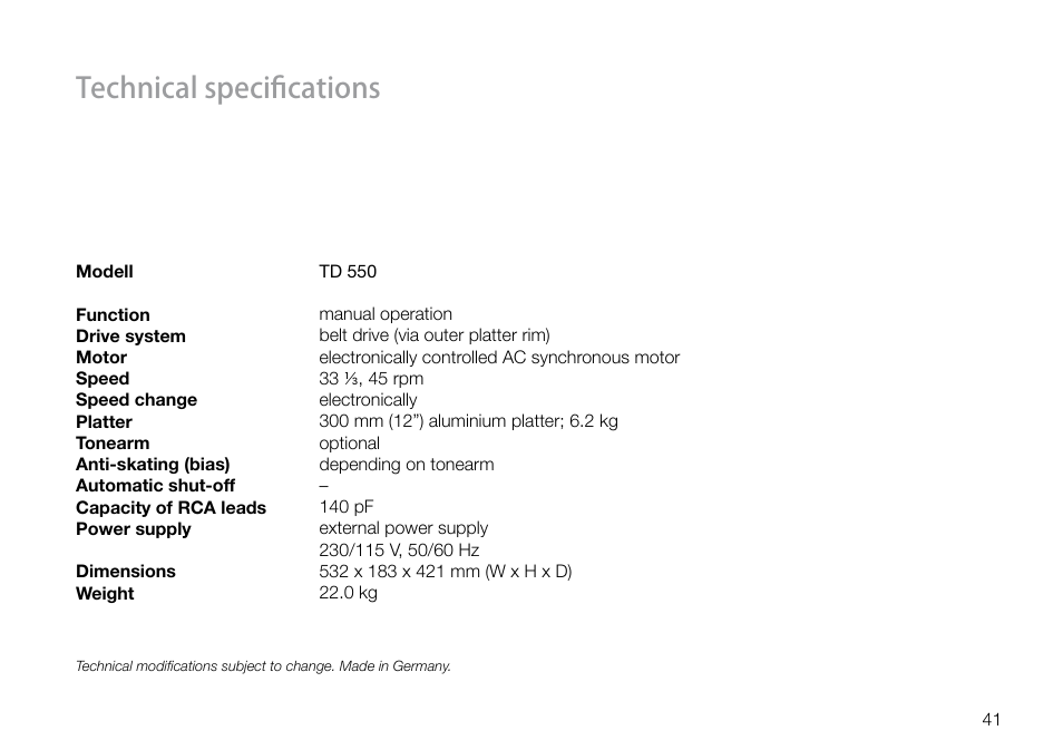 Technical specifications | THORENS TD 550 User Manual | Page 41 / 64