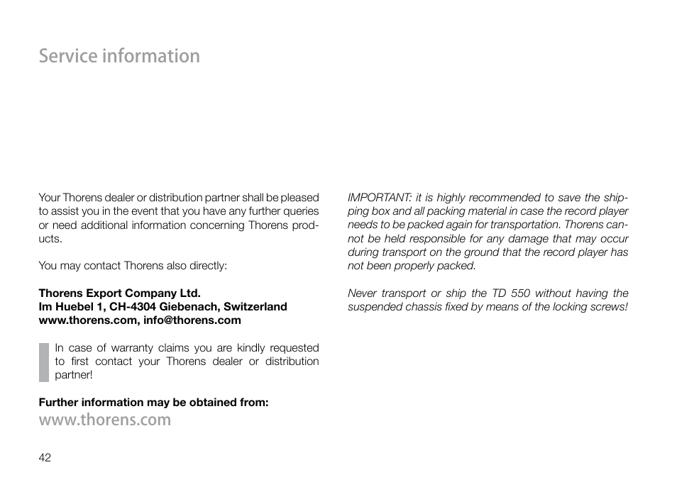Service information | THORENS TD 550 User Manual | Page 42 / 64