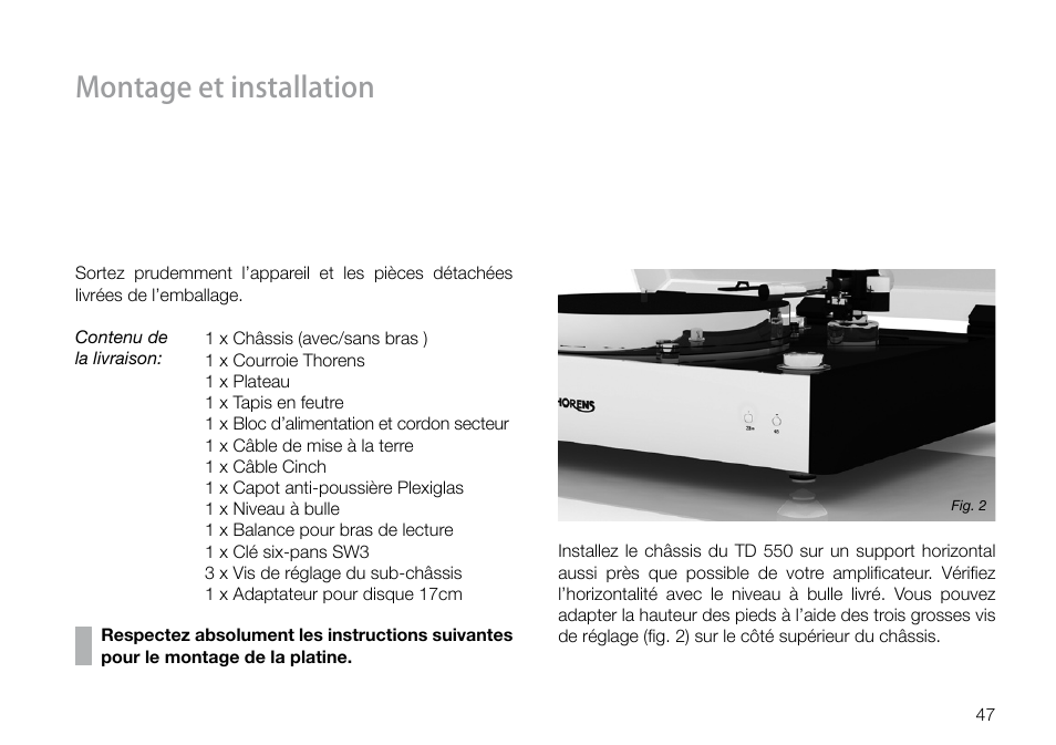 Montage et installation | THORENS TD 550 User Manual | Page 47 / 64