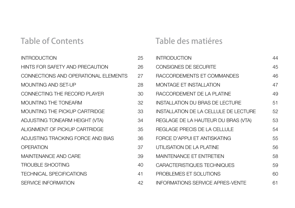 Table of contents table des matiéres | THORENS TD 550 User Manual | Page 5 / 64