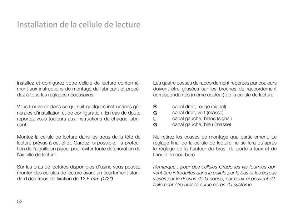 Installation de la cellule de lecture | THORENS TD 550 User Manual | Page 52 / 64