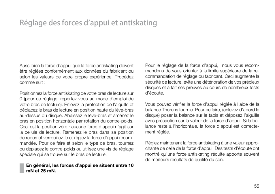 Réglage des forces d’appui et antiskating | THORENS TD 550 User Manual | Page 55 / 64