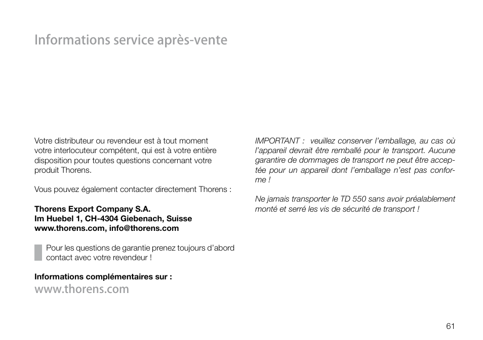 Informations service après-vente | THORENS TD 550 User Manual | Page 61 / 64
