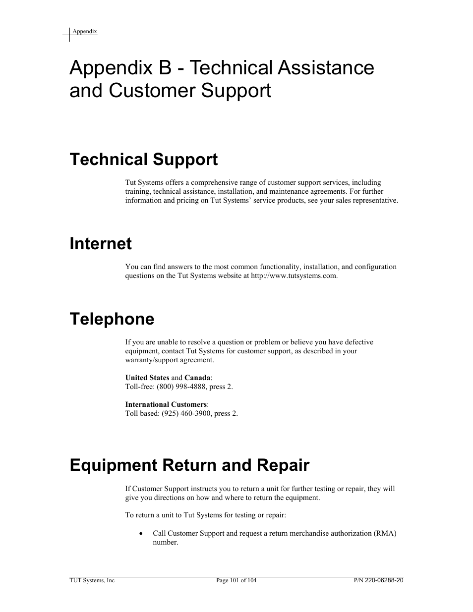 Technical support, Internet, Telephone | Equipment return and repair | Tut Systems SMS2000 User Manual | Page 101 / 104