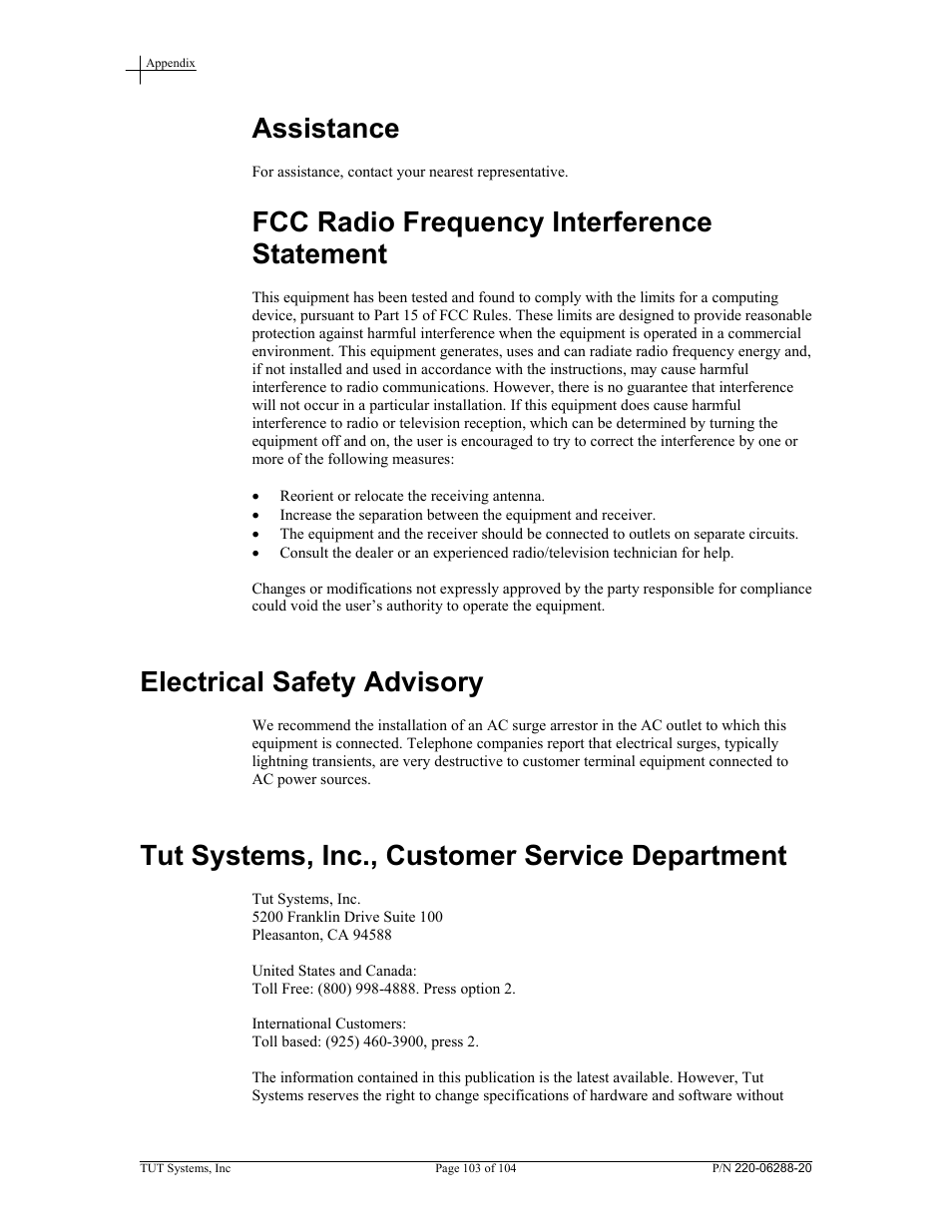 Assistance, Fcc radio frequency interference statement, Electrical safety advisory | Tut systems, inc., customer service department | Tut Systems SMS2000 User Manual | Page 103 / 104