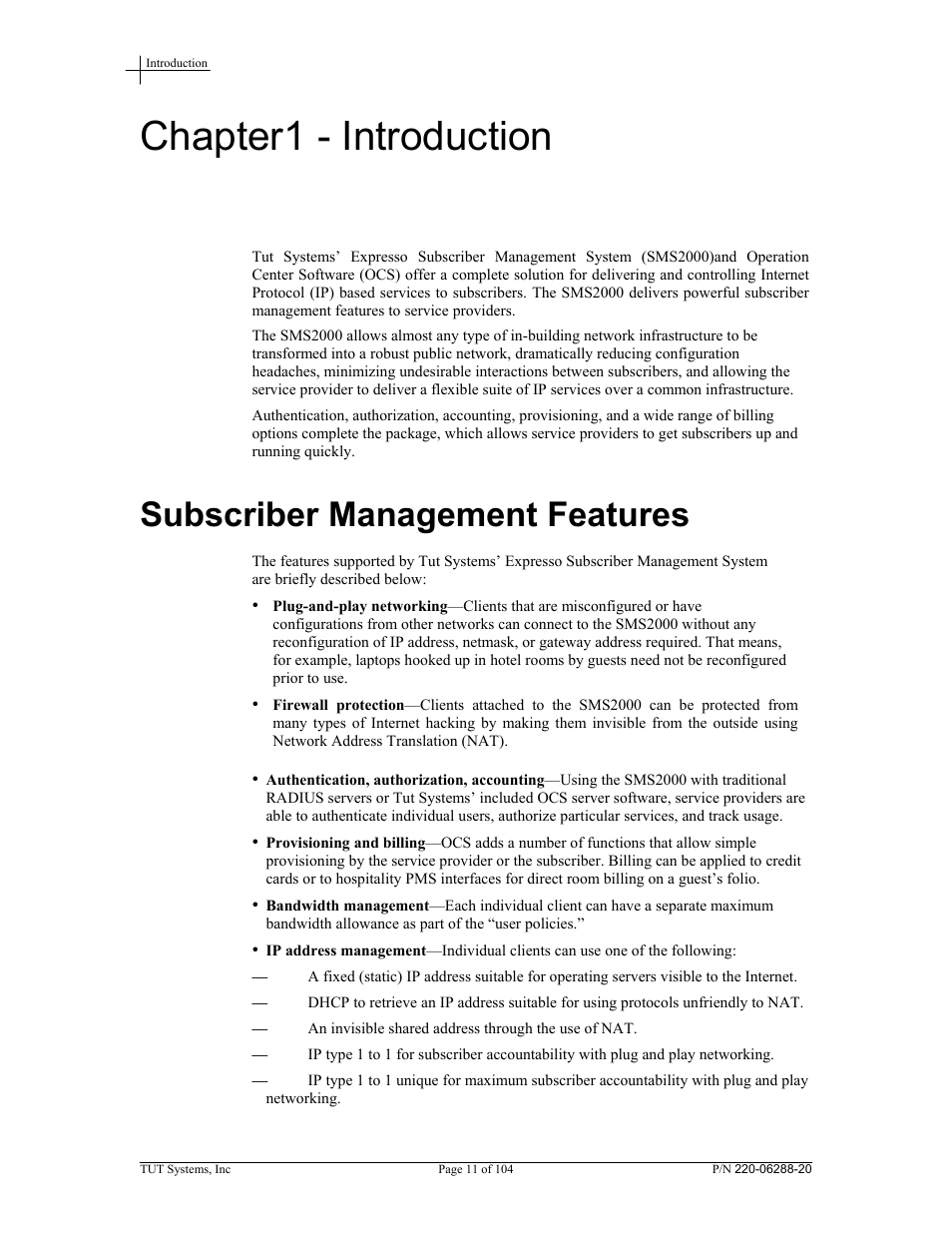 Chapter1 - introduction, Subscriber management features | Tut Systems SMS2000 User Manual | Page 11 / 104
