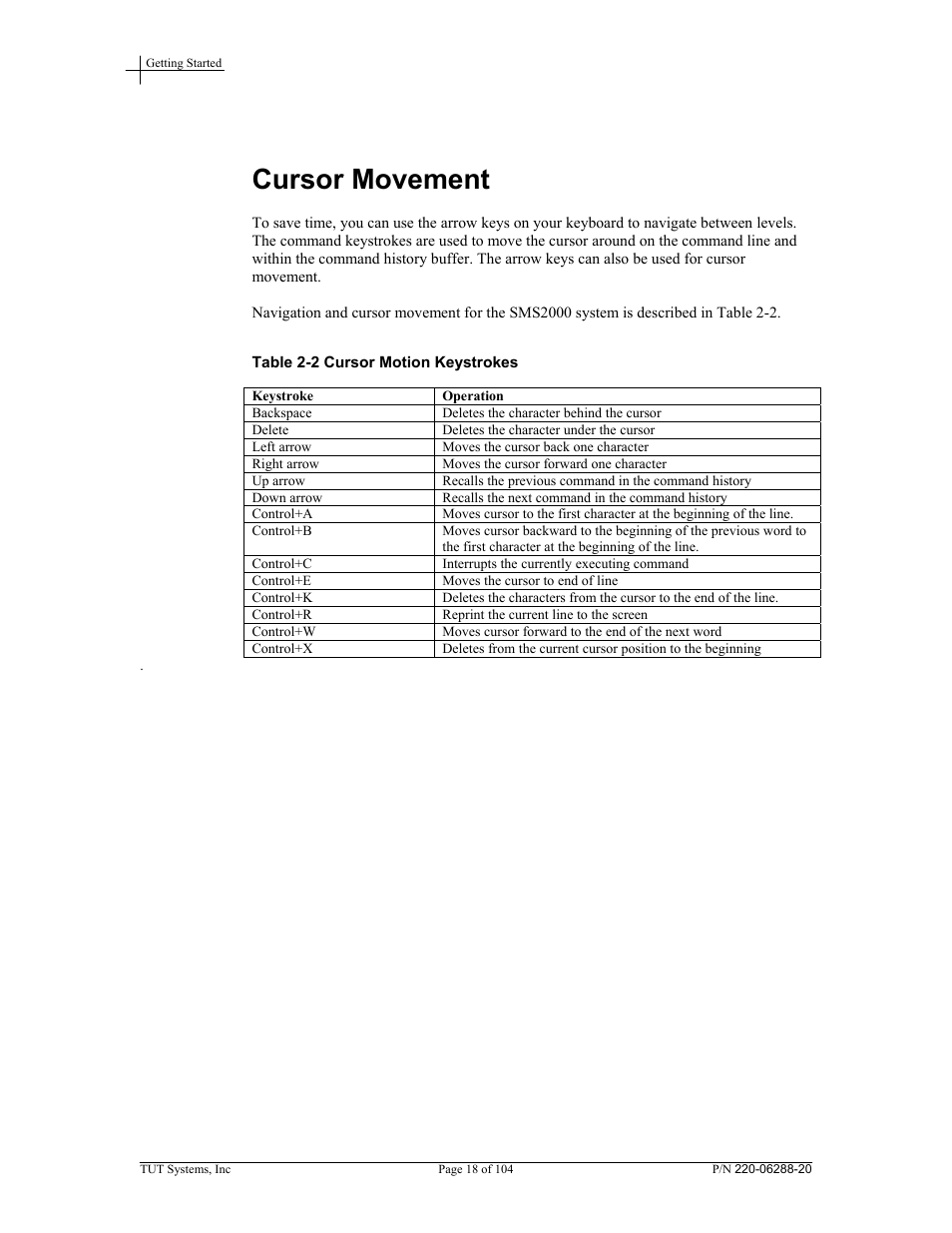 Cursor movement, Table 2-2 cursor motion keystrokes | Tut Systems SMS2000 User Manual | Page 18 / 104