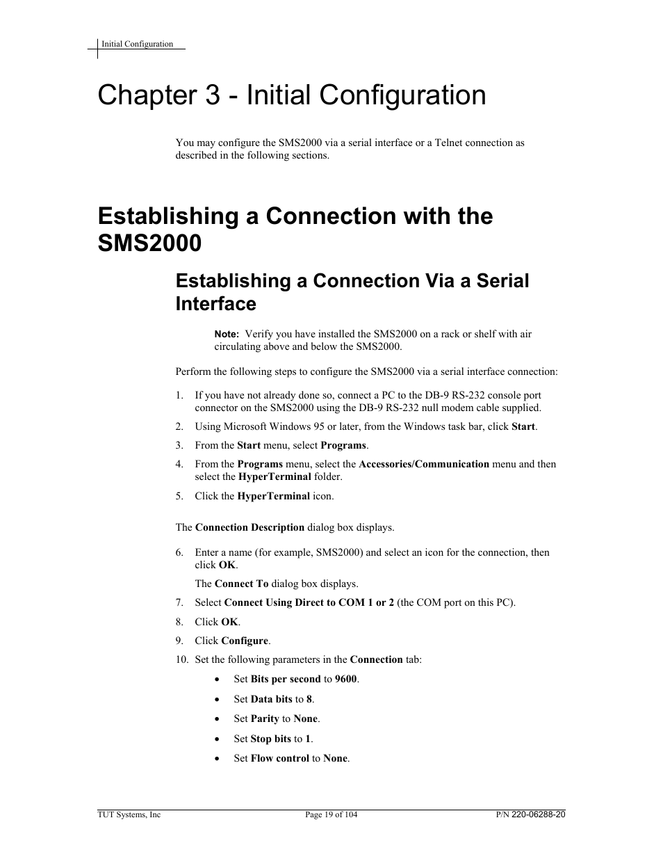 Chapter 3 - initial configuration, Establishing a connection with the sms2000, Establishing a connection via a serial interface | Tut Systems SMS2000 User Manual | Page 19 / 104