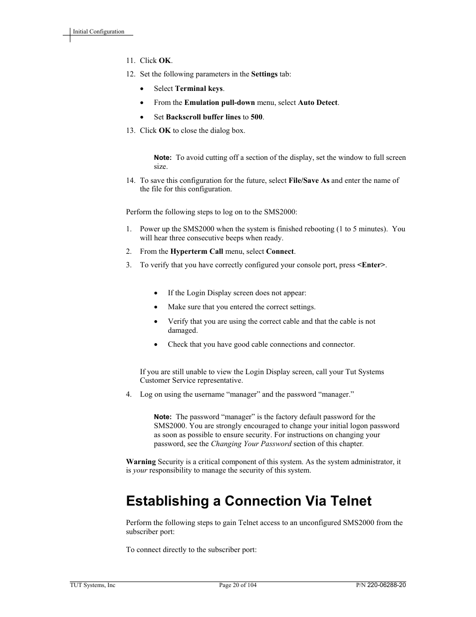 Establishing a connection via telnet | Tut Systems SMS2000 User Manual | Page 20 / 104