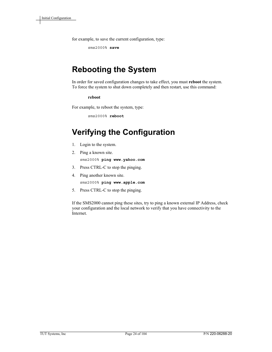 Rebooting the system, Verifying the configuration | Tut Systems SMS2000 User Manual | Page 24 / 104