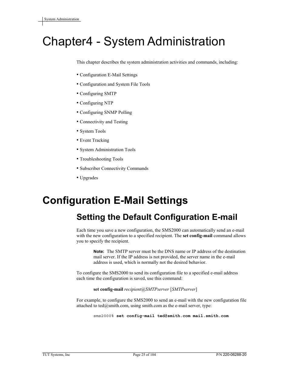 Chapter4 - system administration, Configuration e-mail settings, Setting the default configuration e-mail | Tut Systems SMS2000 User Manual | Page 25 / 104