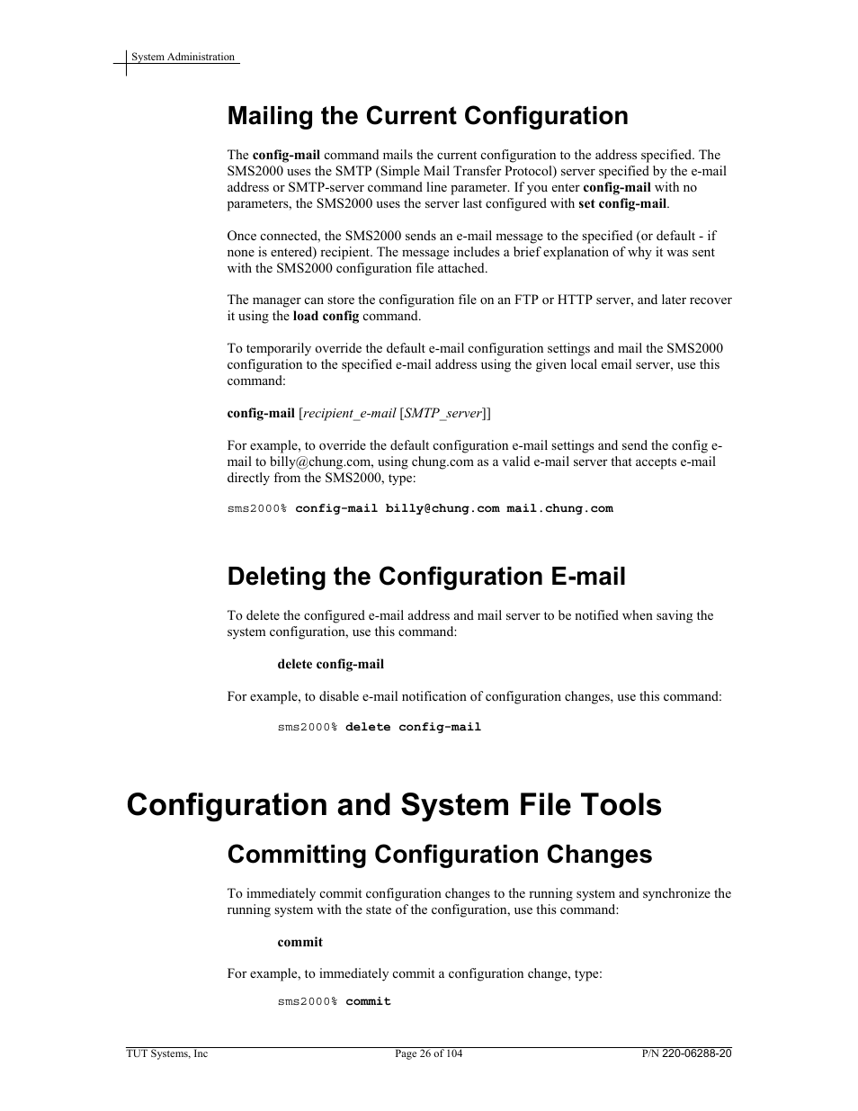 Mailing the current configuration, Deleting the configuration e-mail, Configuration and system file tools | Committing configuration changes | Tut Systems SMS2000 User Manual | Page 26 / 104