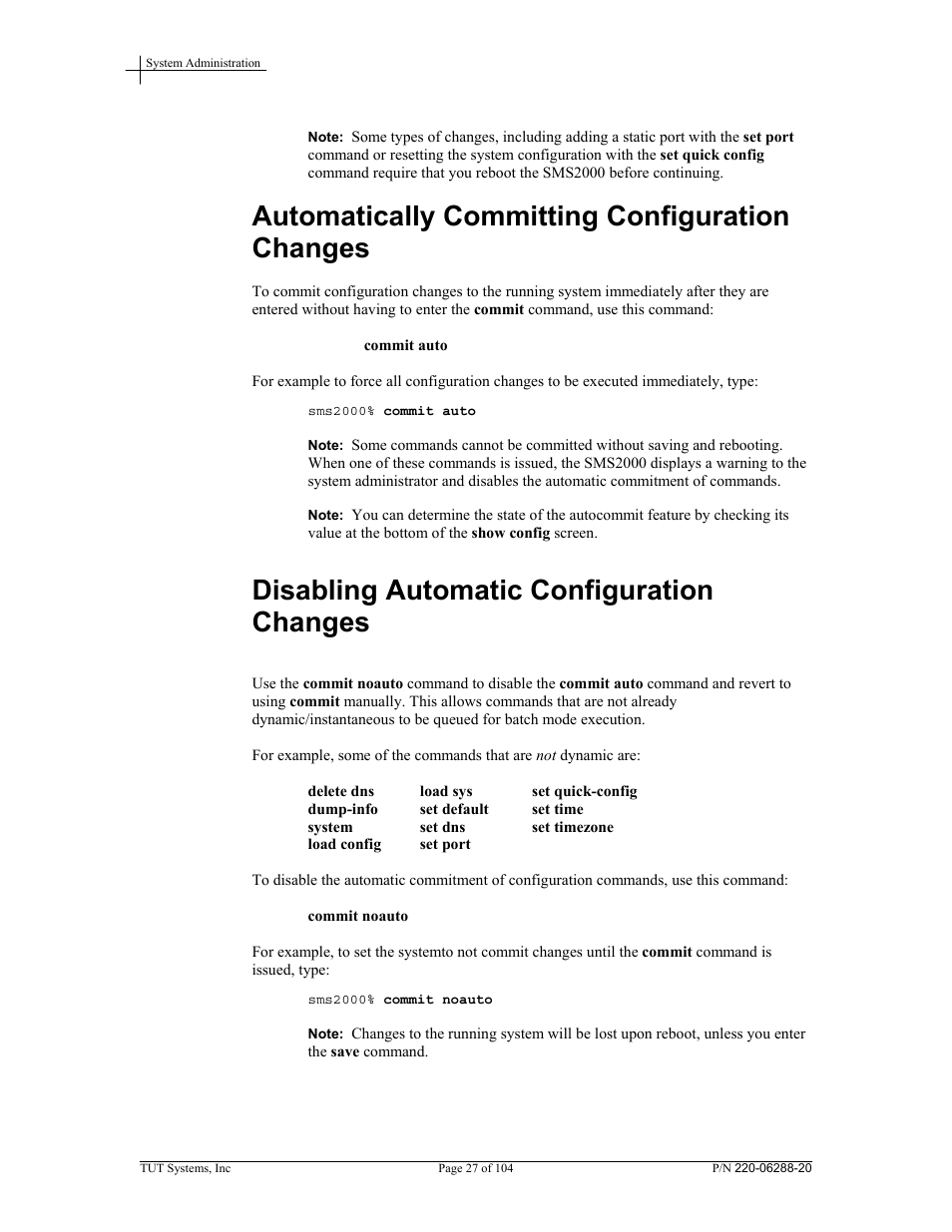 Automatically committing configuration changes, Disabling automatic configuration changes | Tut Systems SMS2000 User Manual | Page 27 / 104