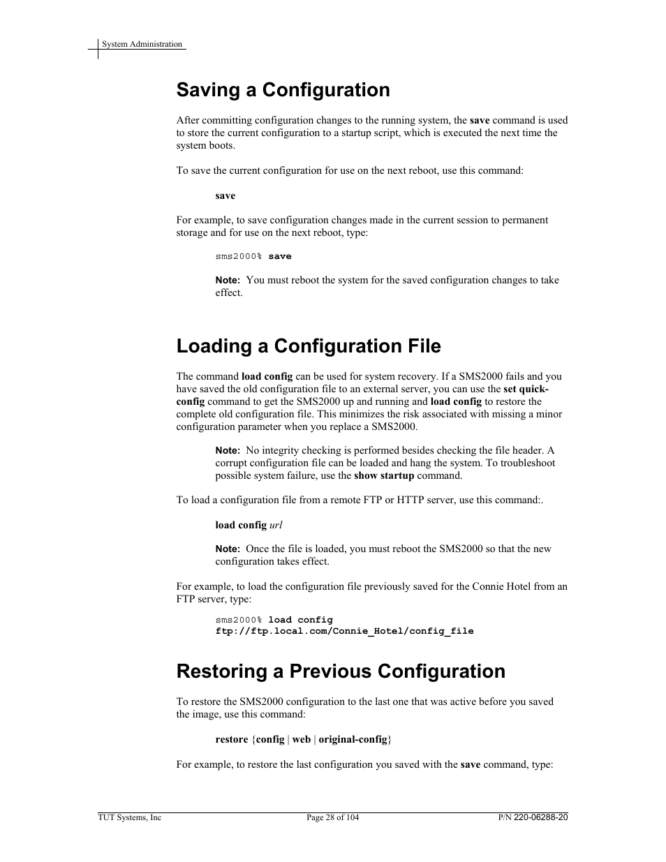 Saving a configuration, Loading a configuration file, Restoring a previous configuration | Tut Systems SMS2000 User Manual | Page 28 / 104
