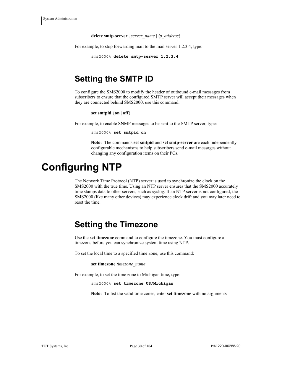 Setting the smtp id, Configuring ntp, Setting the timezone | Tut Systems SMS2000 User Manual | Page 30 / 104