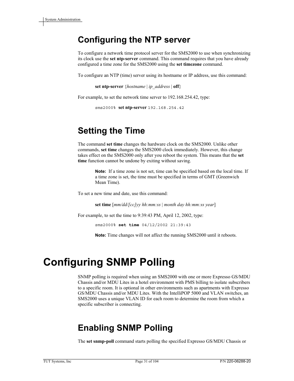 Configuring the ntp server, Setting the time, Configuring snmp polling | Enabling snmp polling | Tut Systems SMS2000 User Manual | Page 31 / 104