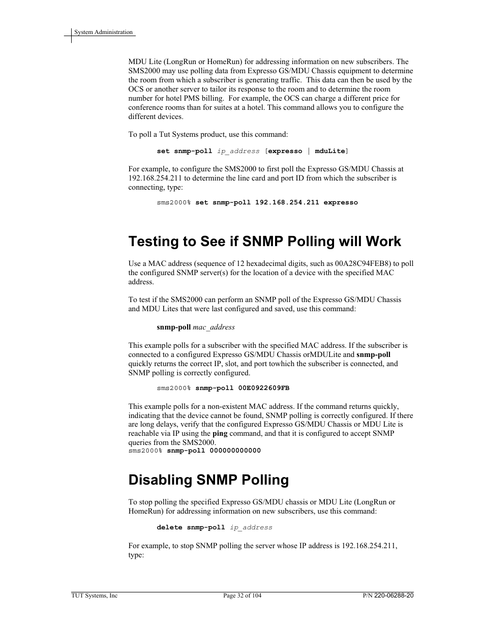 Testing to see if snmp polling will work, Disabling snmp polling | Tut Systems SMS2000 User Manual | Page 32 / 104