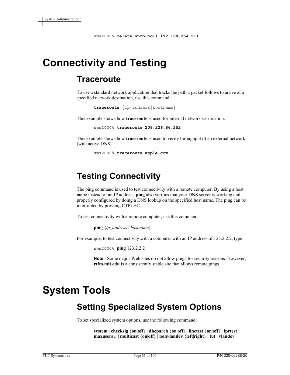 Connectivity and testing, Traceroute, Testing connectivity | System tools, Setting specialized system options | Tut Systems SMS2000 User Manual | Page 33 / 104