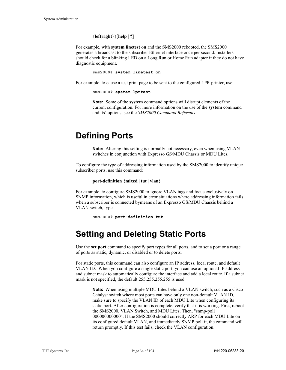 Defining ports, Setting and deleting static ports | Tut Systems SMS2000 User Manual | Page 34 / 104