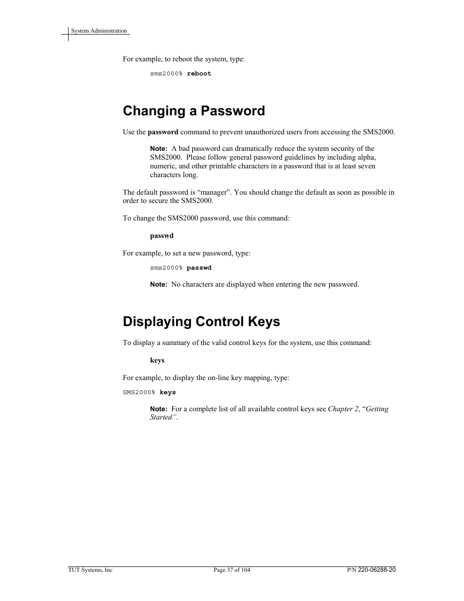Changing a password, Displaying control keys | Tut Systems SMS2000 User Manual | Page 37 / 104