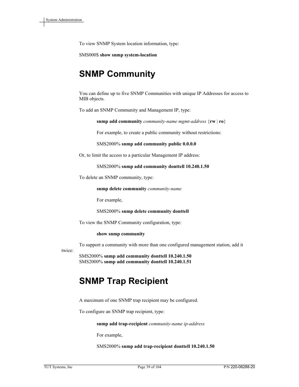 Snmp community, Snmp trap recipient | Tut Systems SMS2000 User Manual | Page 39 / 104