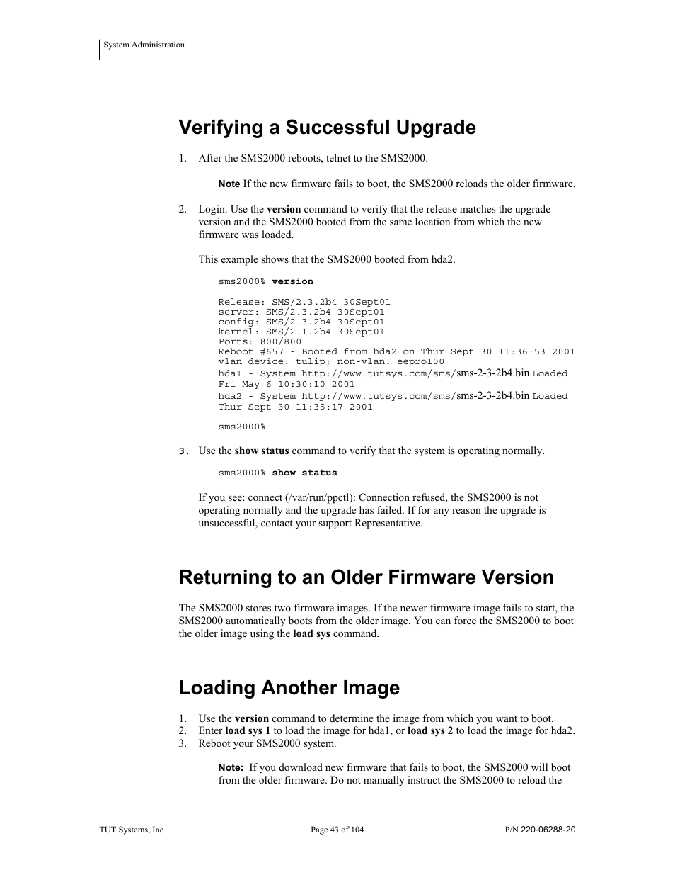 Verifying a successful upgrade, Returning to an older firmware version, Loading another image | Tut Systems SMS2000 User Manual | Page 43 / 104