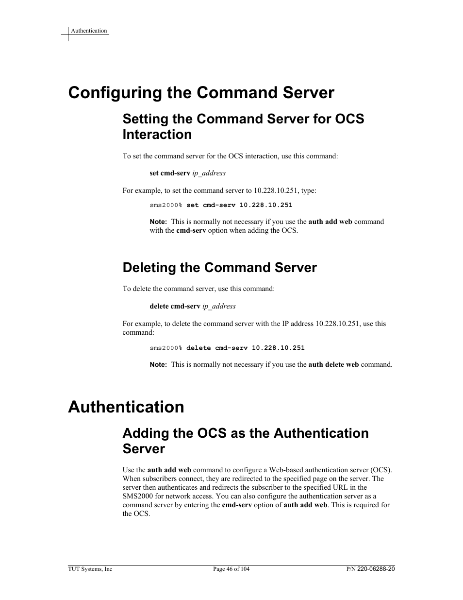 Configuring the command server, Setting the command server for ocs interaction, Deleting the command server | Authentication, Adding the ocs as the authentication server | Tut Systems SMS2000 User Manual | Page 46 / 104
