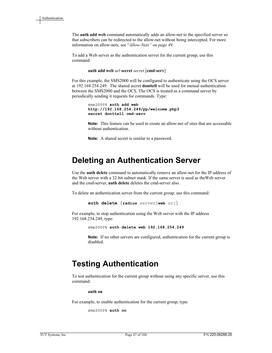 Deleting an authentication server, Testing authentication | Tut Systems SMS2000 User Manual | Page 47 / 104