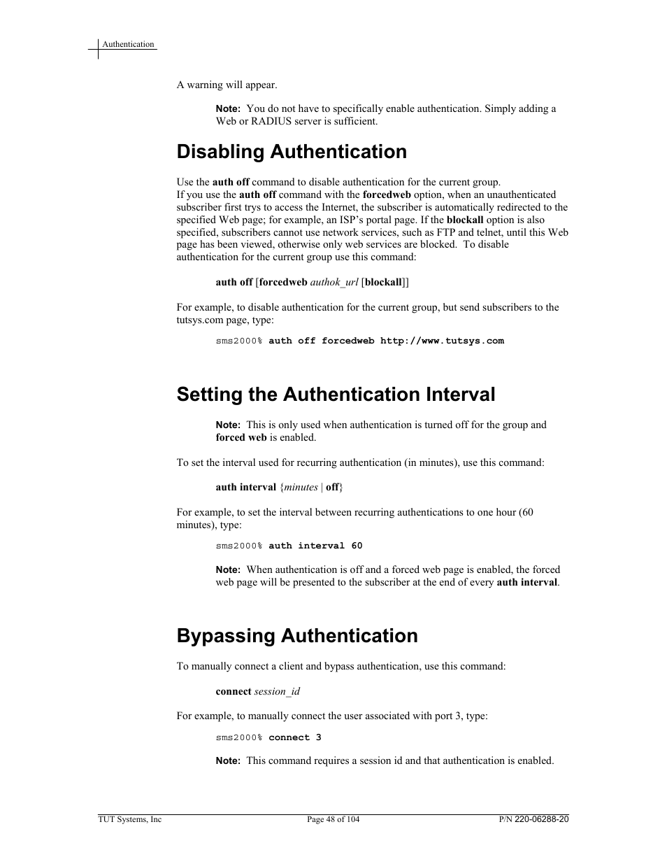 Disabling authentication, Setting the authentication interval, Bypassing authentication | Tut Systems SMS2000 User Manual | Page 48 / 104