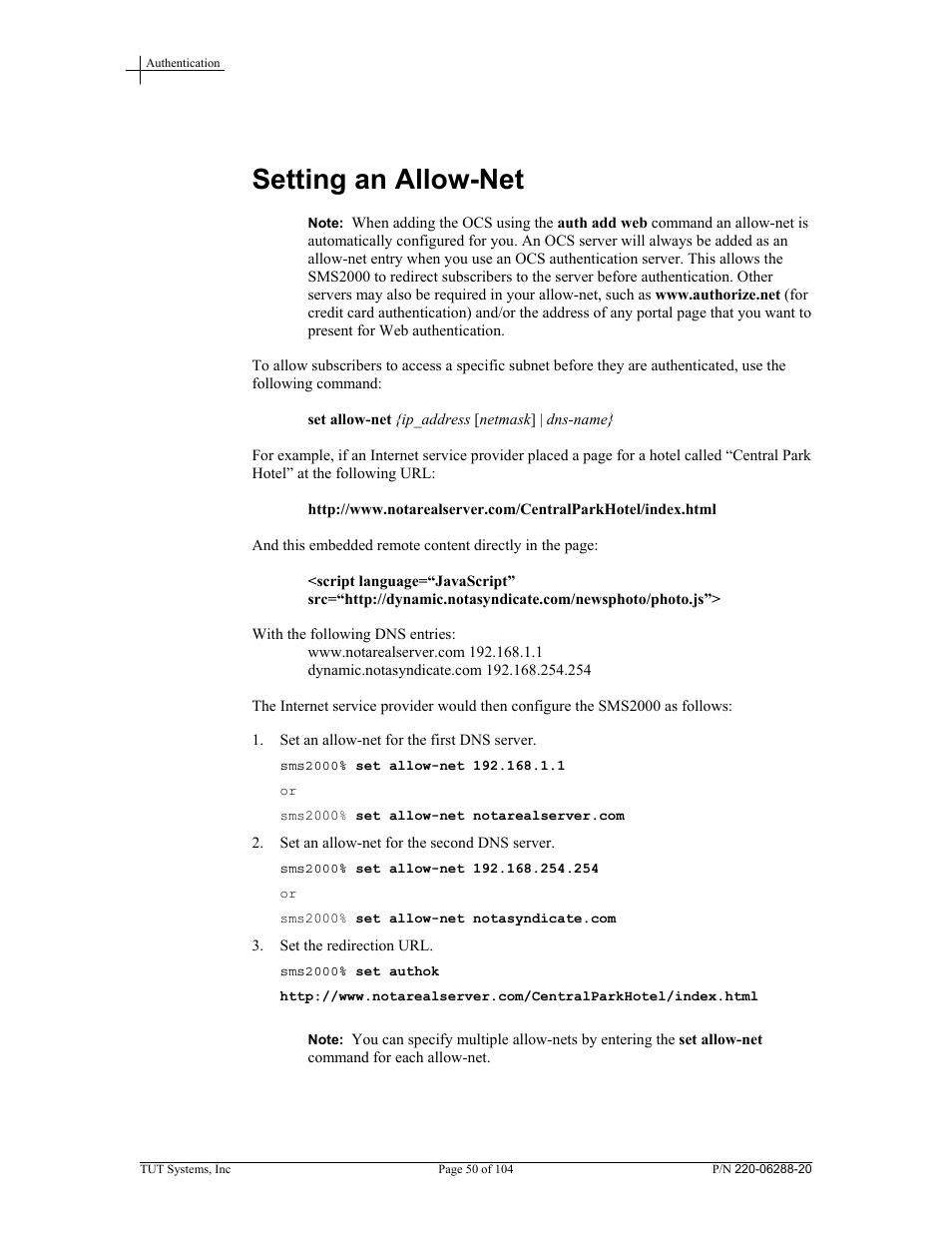 Setting an allow-net | Tut Systems SMS2000 User Manual | Page 50 / 104