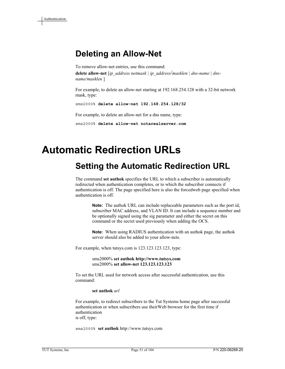 Deleting an allow-net, Automatic redirection urls, Setting the automatic redirection url | Tut Systems SMS2000 User Manual | Page 51 / 104