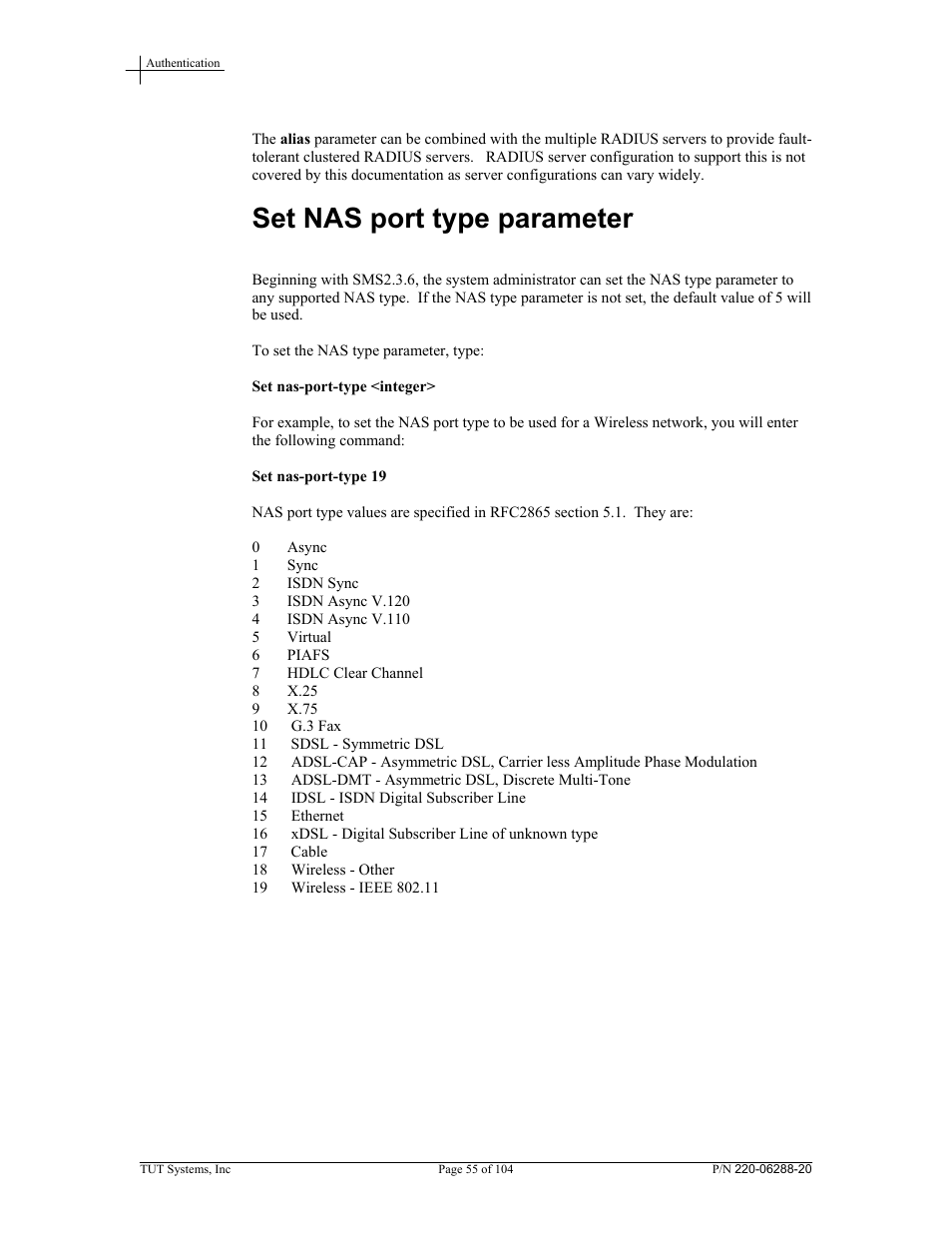 Set nas port type parameter | Tut Systems SMS2000 User Manual | Page 55 / 104