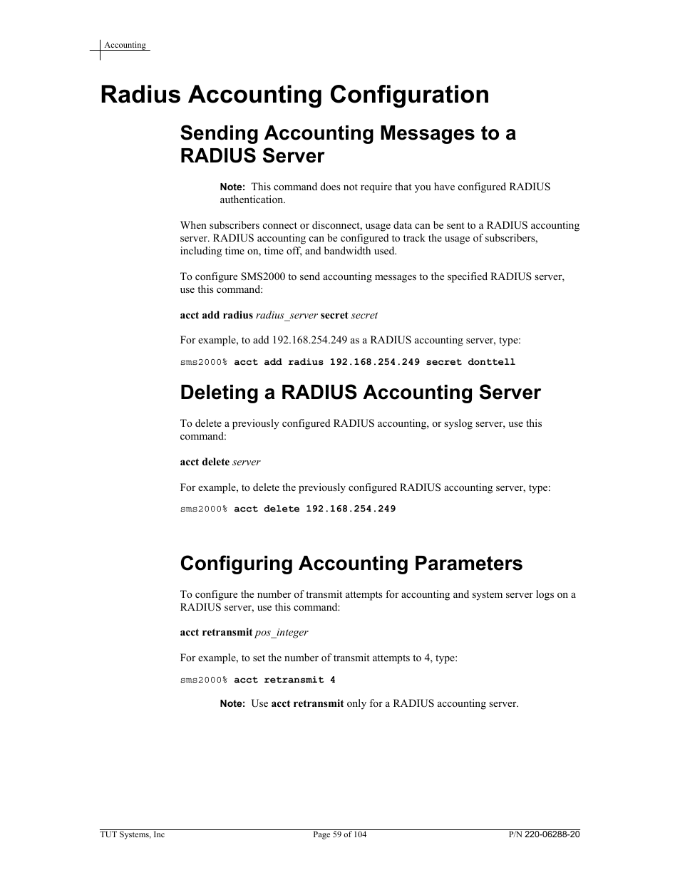 Radius accounting configuration, Sending accounting messages to a radius server, Deleting a radius accounting server | Configuring accounting parameters | Tut Systems SMS2000 User Manual | Page 59 / 104