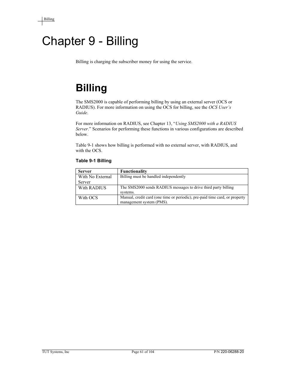Chapter 9 - billing, Billing, Table 9-1 billing | Tut Systems SMS2000 User Manual | Page 61 / 104