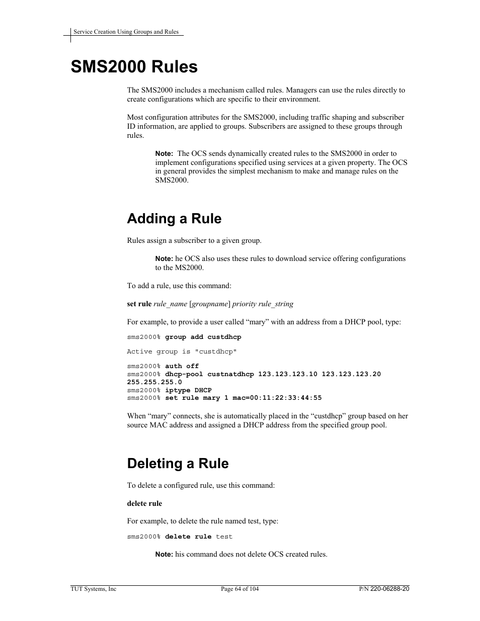 Sms2000 rules, Adding a rule, Deleting a rule | Tut Systems SMS2000 User Manual | Page 64 / 104