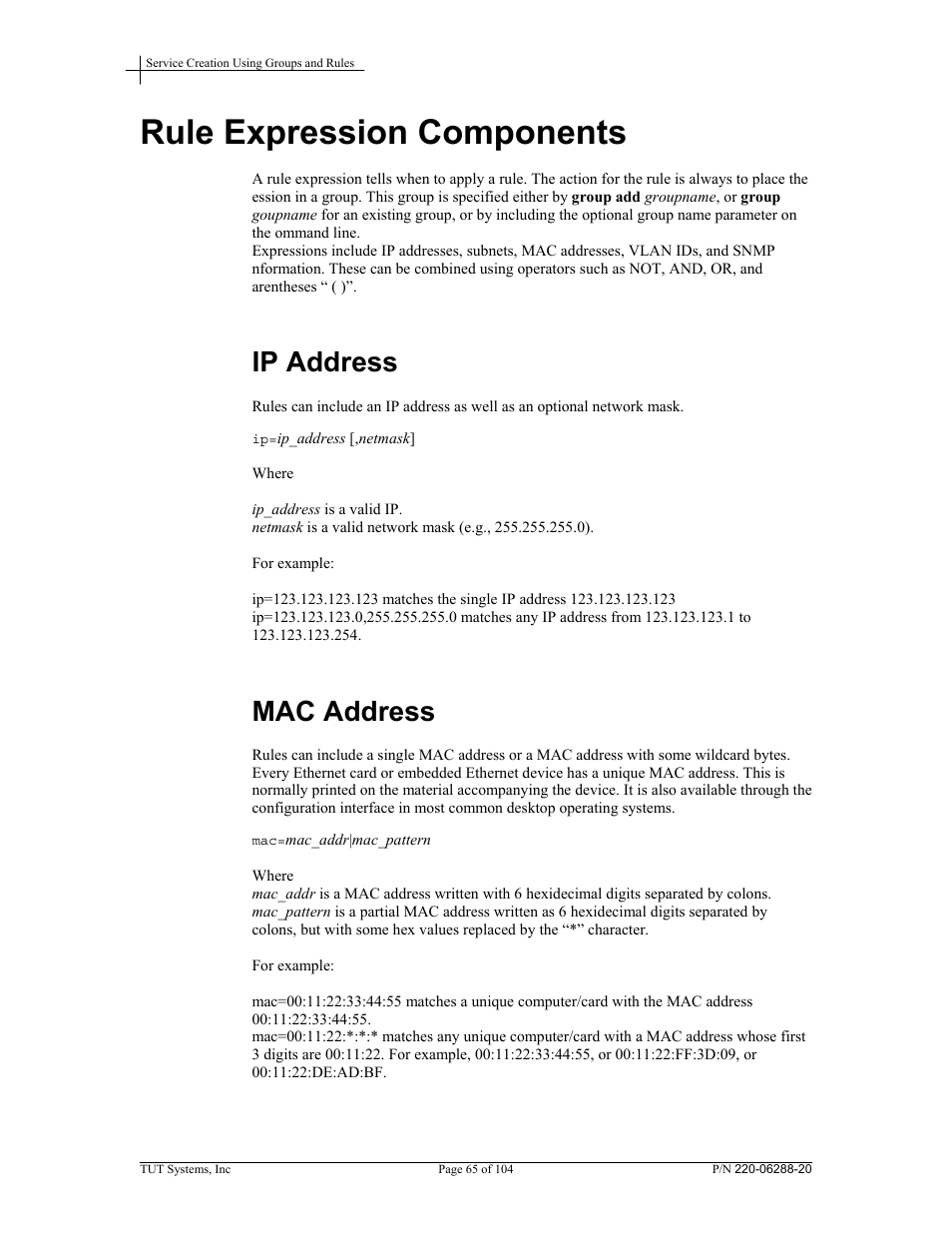 Rule expression components, Ip address, Mac address | Tut Systems SMS2000 User Manual | Page 65 / 104