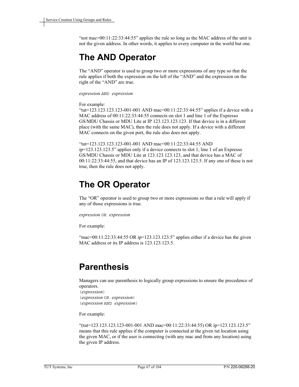 The and operator, The or operator, Parenthesis | Tut Systems SMS2000 User Manual | Page 67 / 104