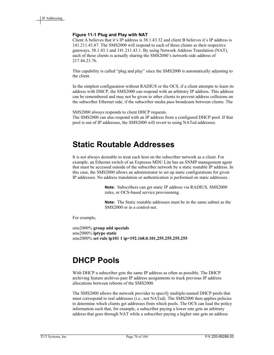 Static routable addresses, Dhcp pools, Figure 11-1 plug and play with nat | Tut Systems SMS2000 User Manual | Page 70 / 104